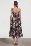 Spaghetti Straps Black Pink Flower A Line Maxi Wedding Guest Dress