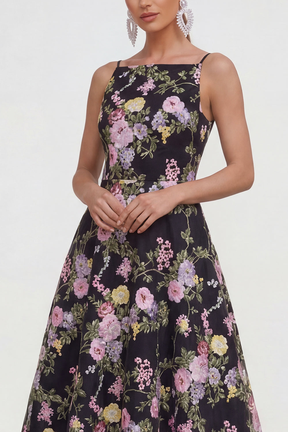 Spaghetti Straps Black Pink Flower A Line Maxi Wedding Guest Dress