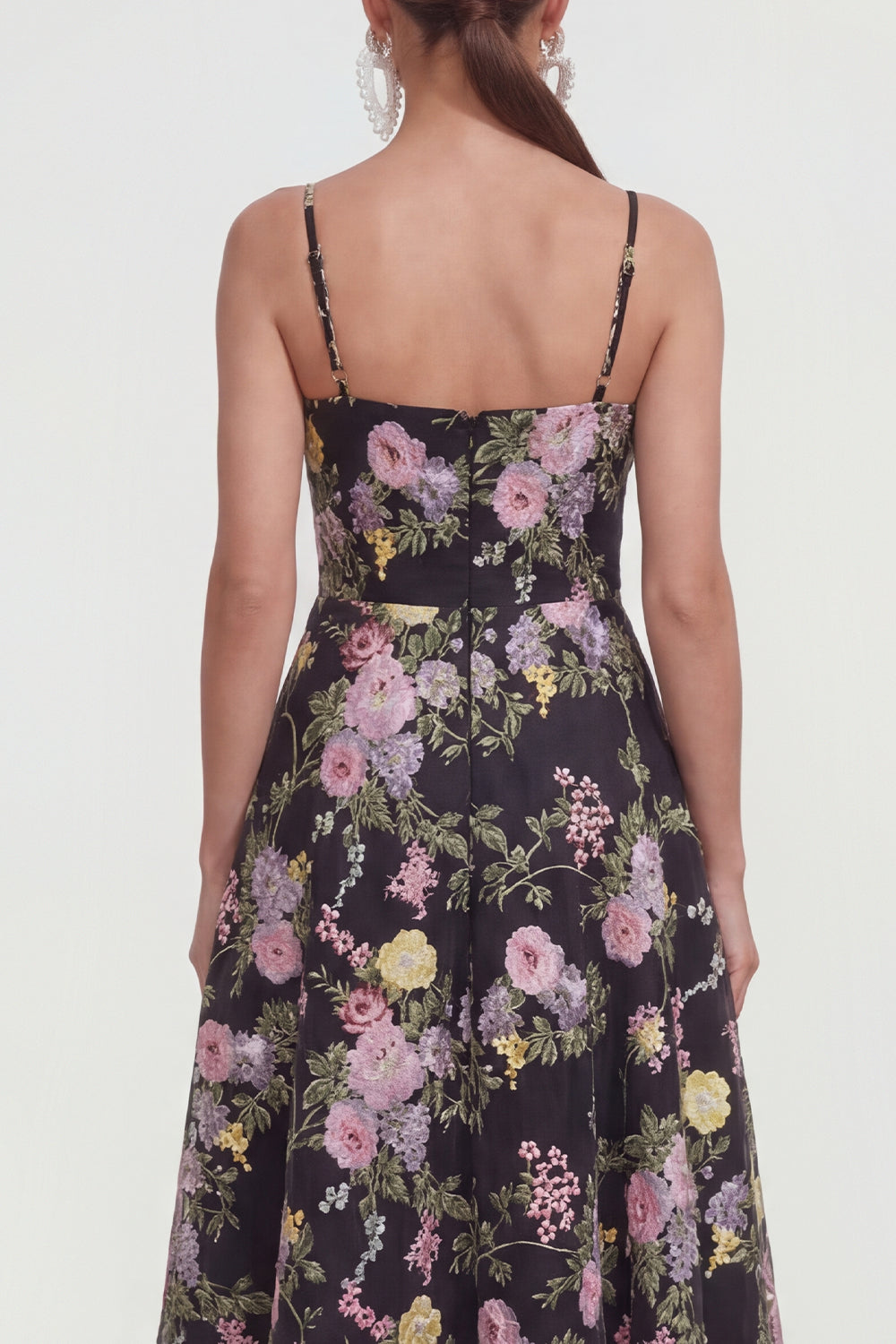 Spaghetti Straps Black Pink Flower A Line Maxi Wedding Guest Dress