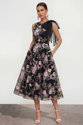 Black Pink Flower A Line Maxi Wedding Guest Dress with Pockets