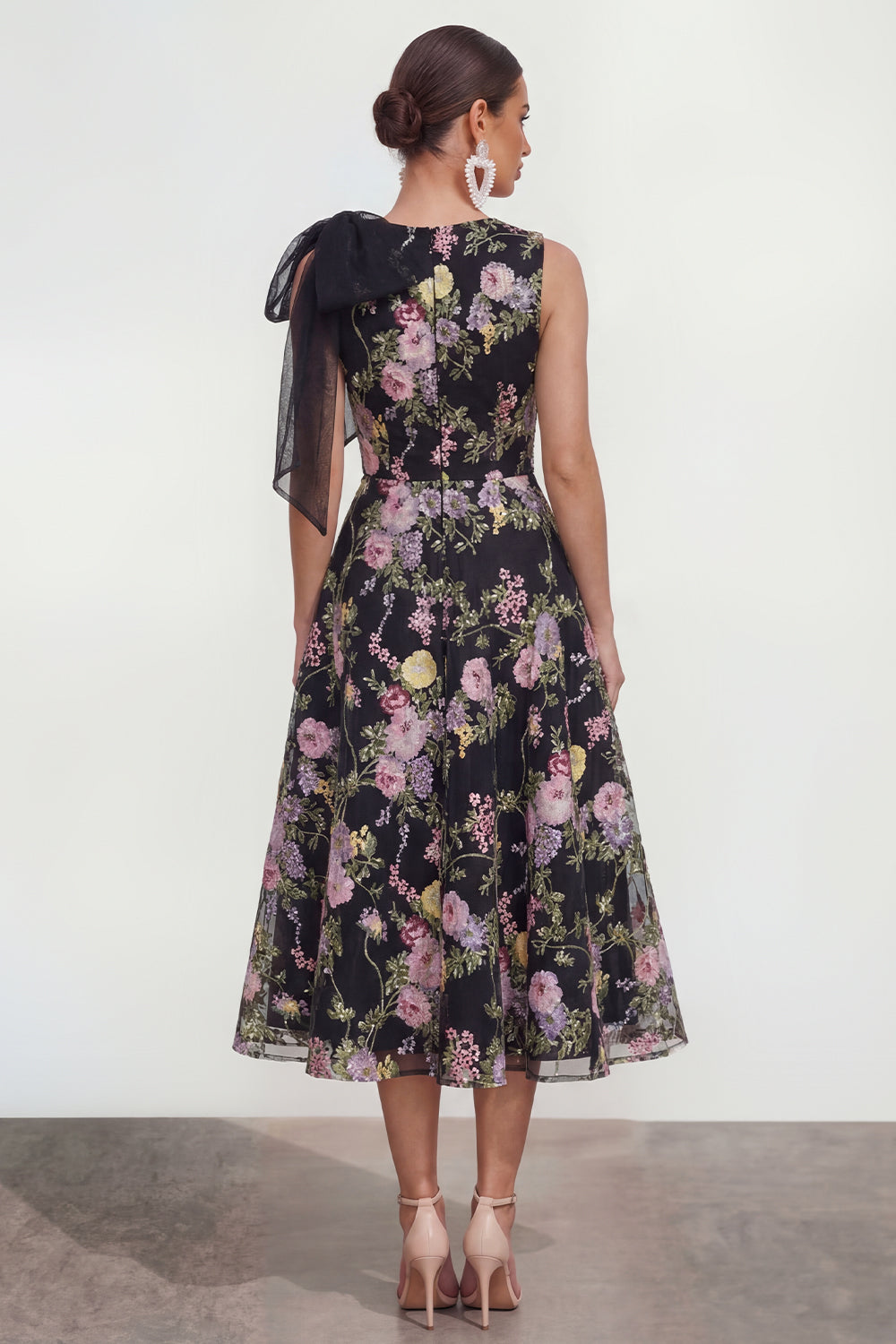 Black Pink Flower A Line Maxi Wedding Guest Dress with Pockets