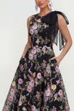 Black Pink Flower A Line Maxi Wedding Guest Dress with Pockets