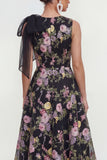 Black Pink Flower A Line Maxi Wedding Guest Dress with Pockets