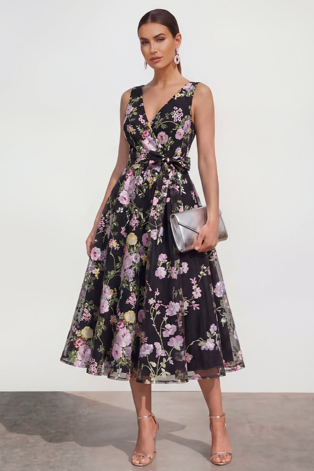 V-Neck Black Pink Flower A Line Maxi Wedding Guest Dress with Bow
