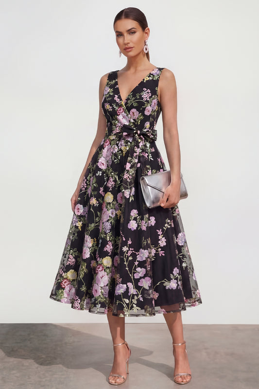 V-Neck Black Pink Flower A Line Maxi Wedding Guest Dress with Bow