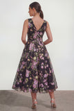 V-Neck Black Pink Flower A Line Maxi Wedding Guest Dress with Bow