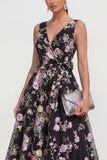 V-Neck Black Pink Flower A Line Maxi Wedding Guest Dress with Bow