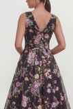 V-Neck Black Pink Flower A Line Maxi Wedding Guest Dress with Bow