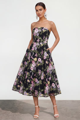 Strapless Black Pink Flower A Line Maxi Wedding Guest Dress with Pockets