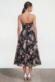 Strapless Black Pink Flower A Line Maxi Wedding Guest Dress with Pockets