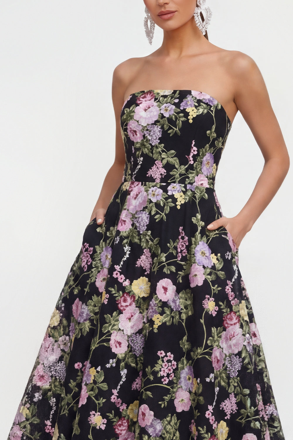 Strapless Black Pink Flower A Line Maxi Wedding Guest Dress with Pockets