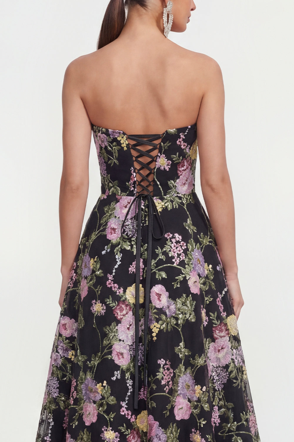 Strapless Black Pink Flower A Line Maxi Wedding Guest Dress with Pockets