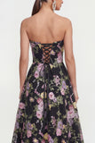 Strapless Black Pink Flower A Line Maxi Wedding Guest Dress with Pockets