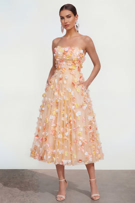 Champagne Floral Strapless A Line Maxi Wedding Guest Dress with Pockets