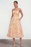 Champagne Floral Strapless A Line Maxi Wedding Guest Dress with Pockets