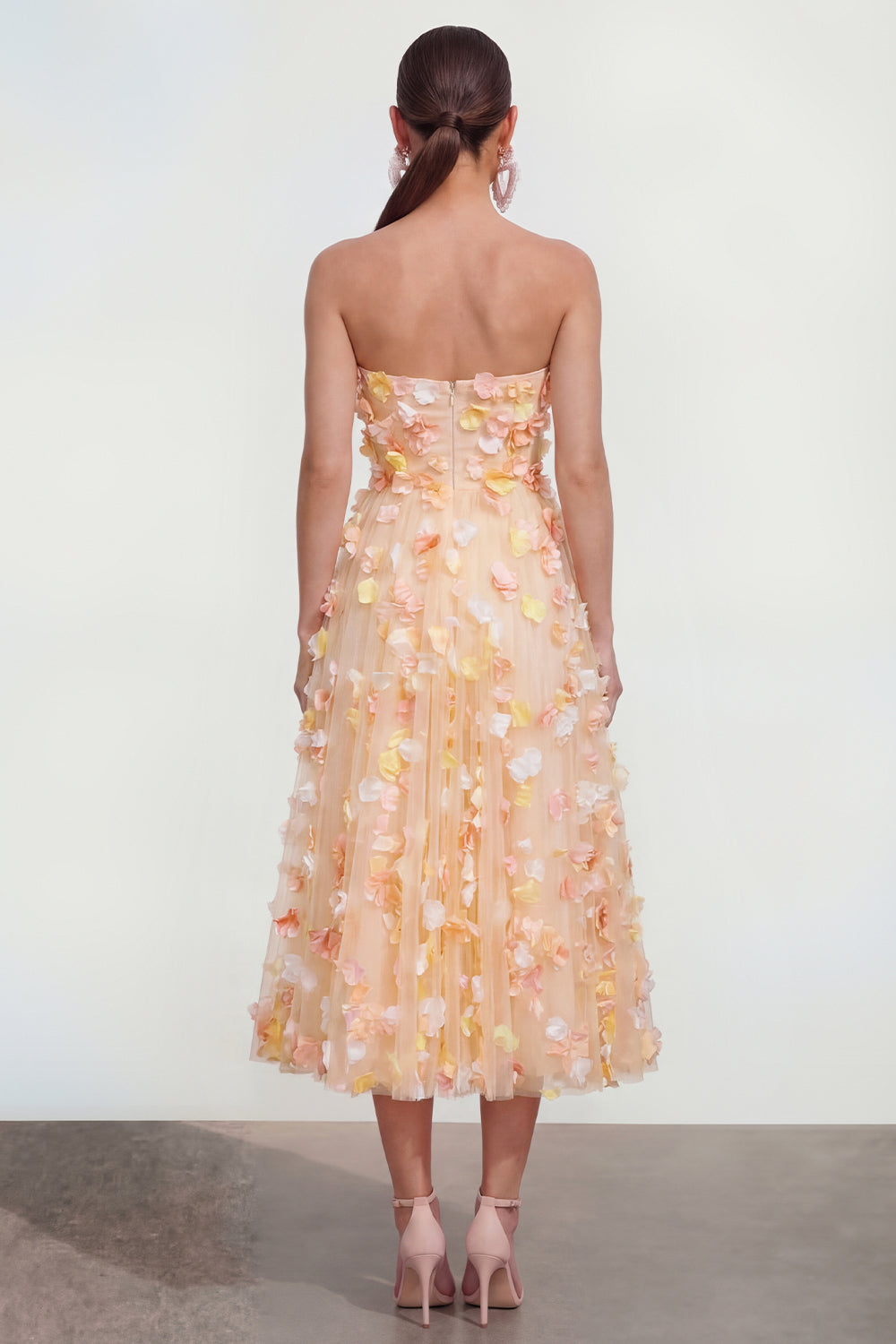 Champagne Floral Strapless A Line Maxi Wedding Guest Dress with Pockets