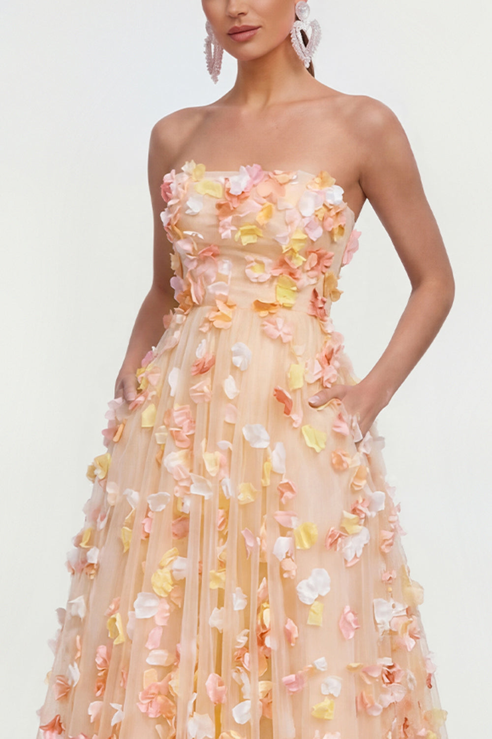 Champagne Floral Strapless A Line Maxi Wedding Guest Dress with Pockets