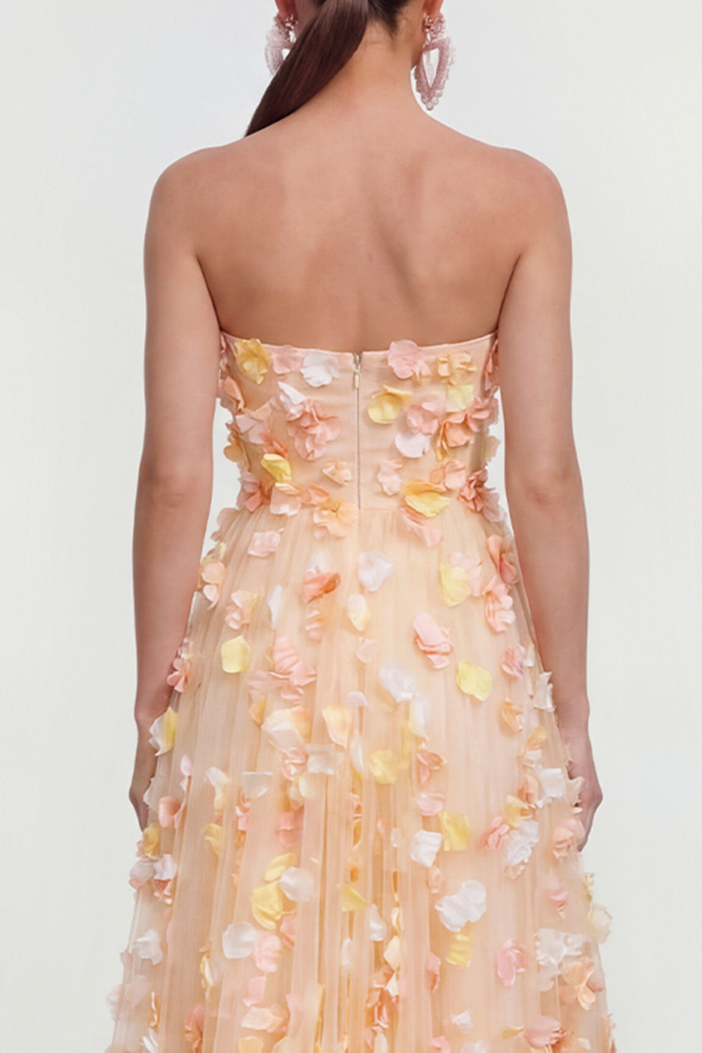 Champagne Floral Strapless A Line Maxi Wedding Guest Dress with Pockets