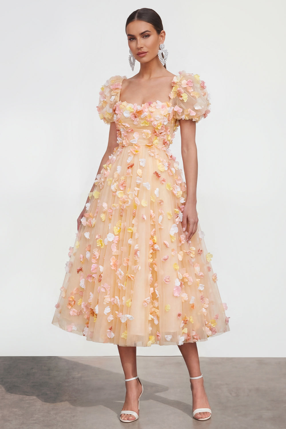 Champagne Floral Puff Sleeves A Line Maxi Wedding Guest Dress