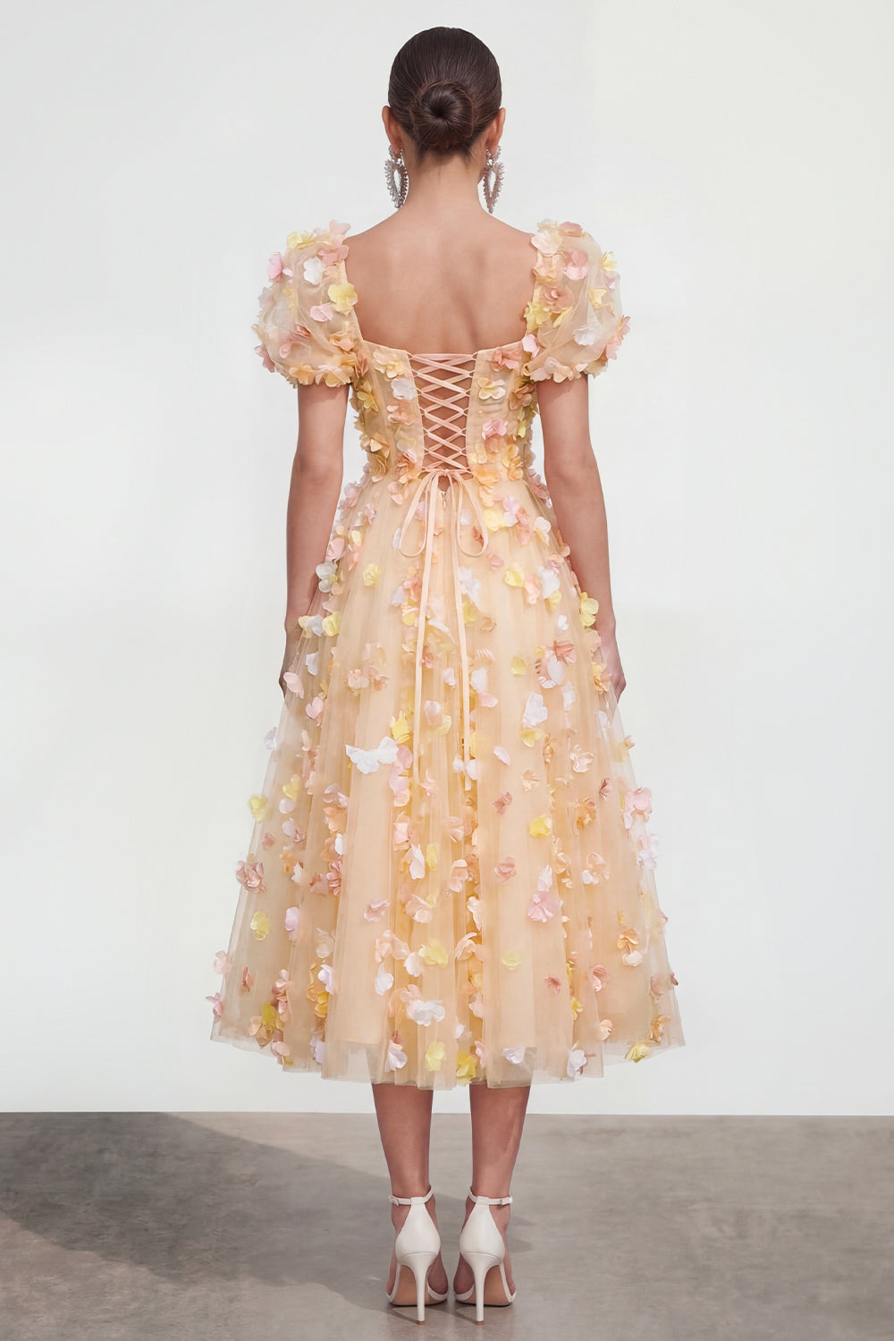 Champagne Floral Puff Sleeves A Line Maxi Wedding Guest Dress