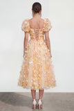 Champagne Floral Puff Sleeves A Line Maxi Wedding Guest Dress