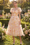 Champagne Floral Puff Sleeves A Line Maxi Wedding Guest Dress