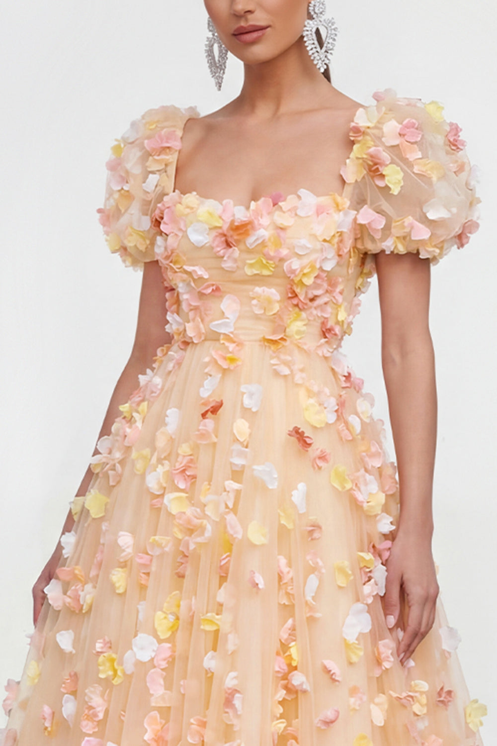 Champagne Floral Puff Sleeves A Line Maxi Wedding Guest Dress