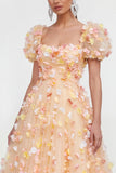 Champagne Floral Puff Sleeves A Line Maxi Wedding Guest Dress