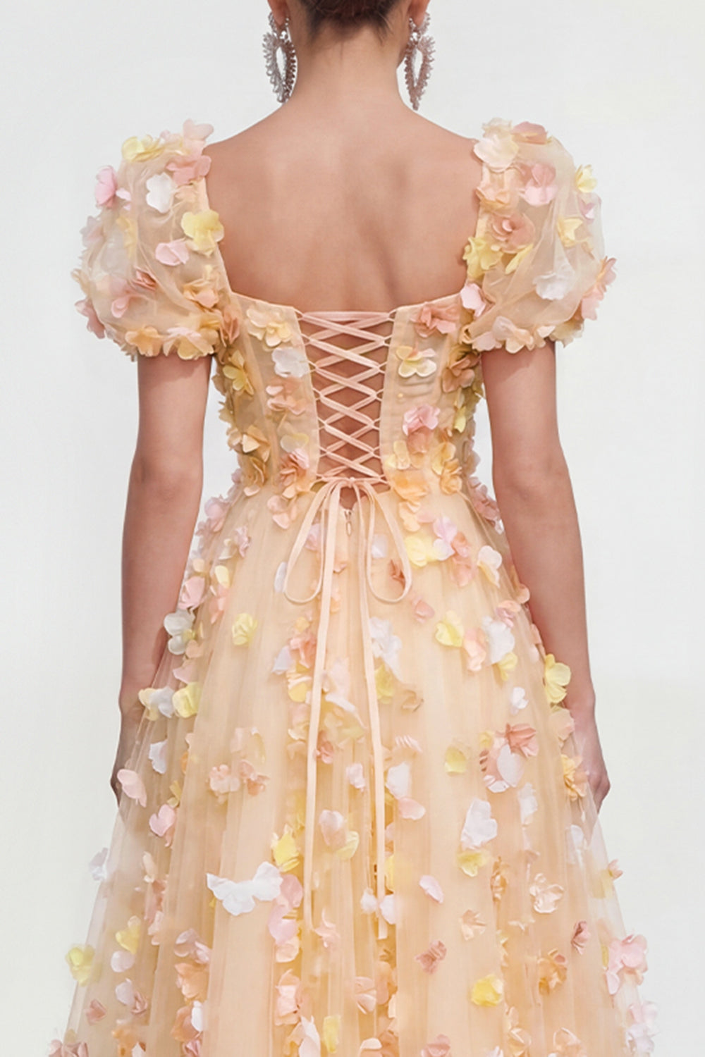 Champagne Floral Puff Sleeves A Line Maxi Wedding Guest Dress