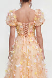Champagne Floral Puff Sleeves A Line Maxi Wedding Guest Dress