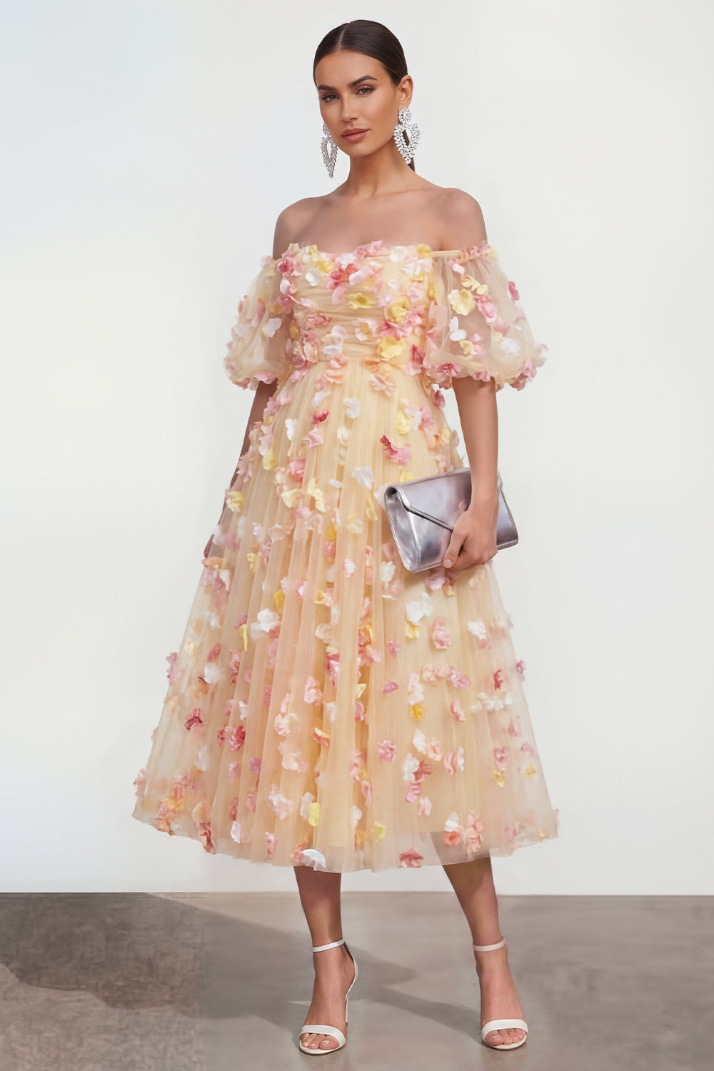 Off the Shoulder Champagne Floral A Line Maxi Wedding Guest Dress