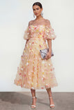 Off the Shoulder Champagne Floral A Line Maxi Wedding Guest Dress
