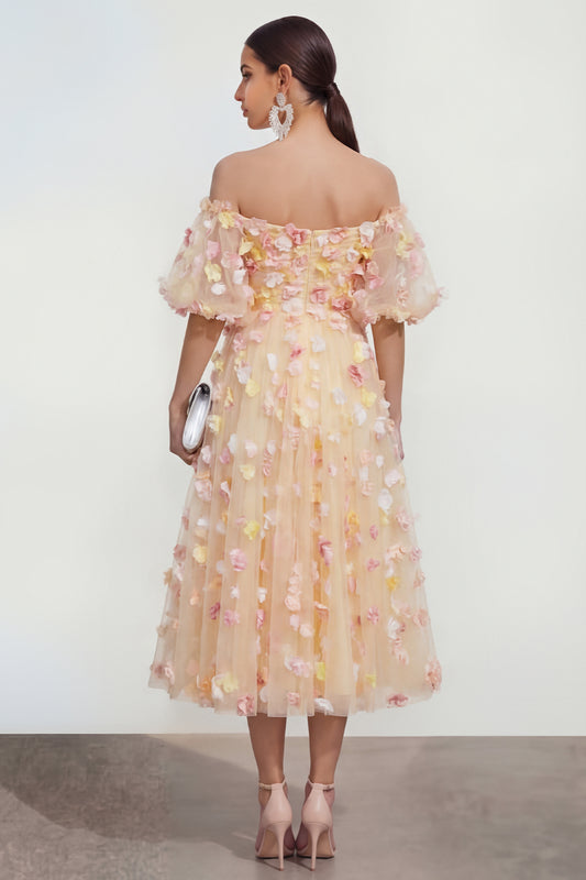 Off the Shoulder Champagne Floral A Line Maxi Wedding Guest Dress