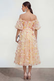 Off the Shoulder Champagne Floral A Line Maxi Wedding Guest Dress