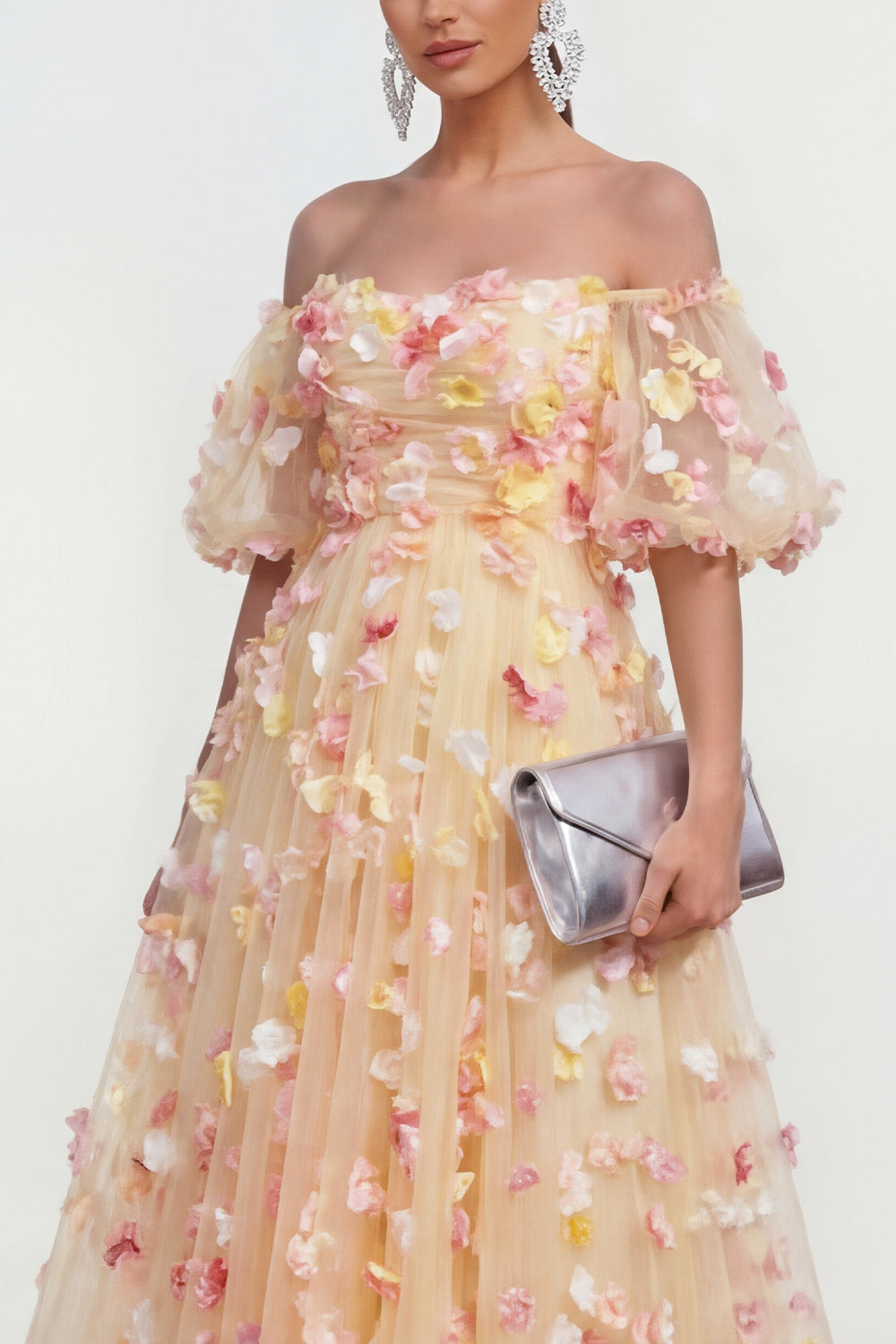 Off the Shoulder Champagne Floral A Line Maxi Wedding Guest Dress