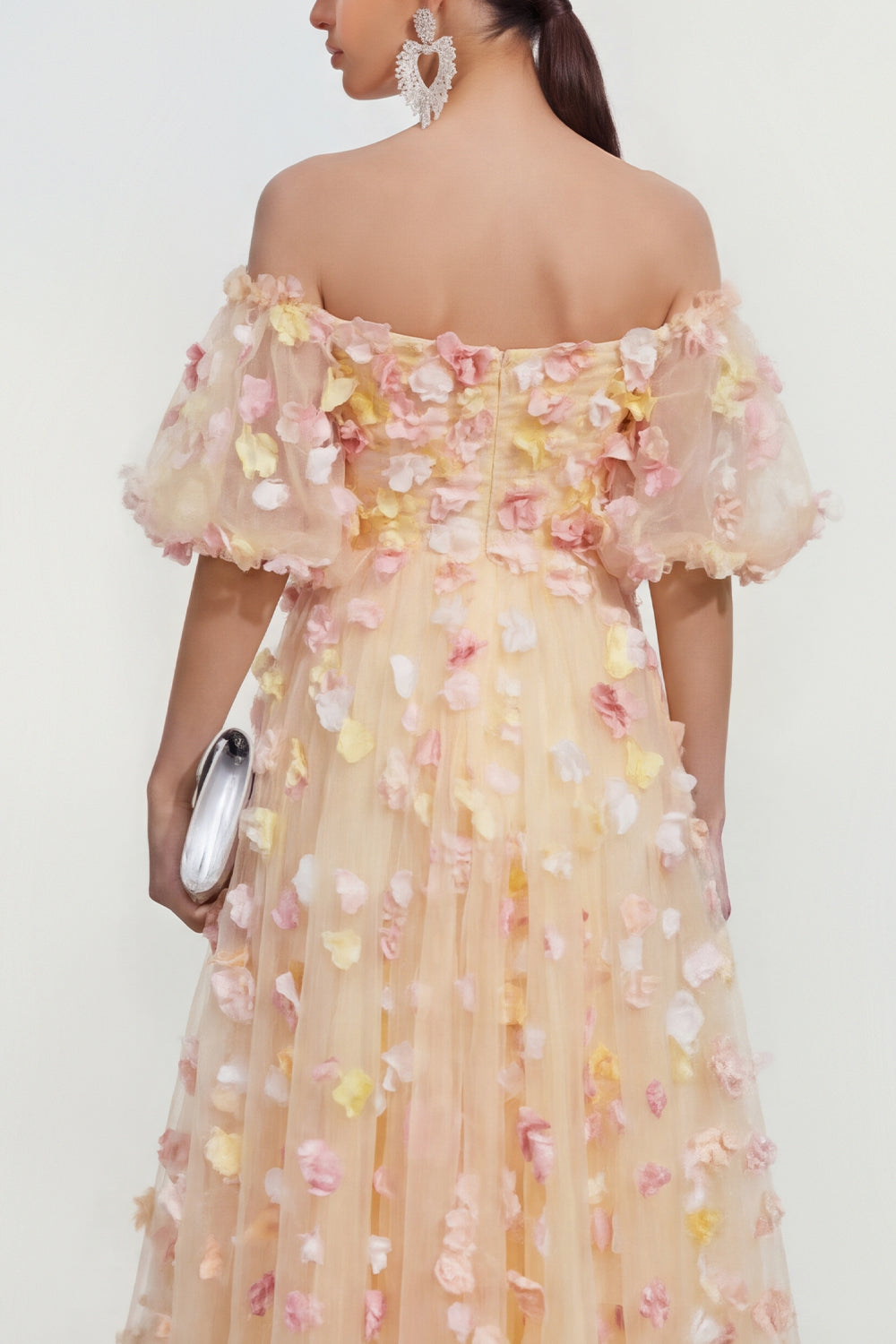Off the Shoulder Champagne Floral A Line Maxi Wedding Guest Dress