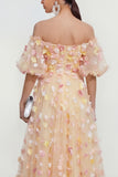 Off the Shoulder Champagne Floral A Line Maxi Wedding Guest Dress