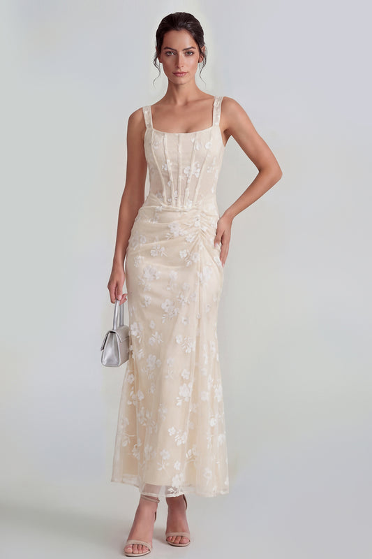 Apricot Corset Mermaid Ruched Thick Straps Maxi Wedding Guest Dress