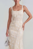 Apricot Corset Mermaid Ruched Thick Straps Maxi Wedding Guest Dress