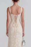 Apricot Corset Mermaid Ruched Thick Straps Maxi Wedding Guest Dress