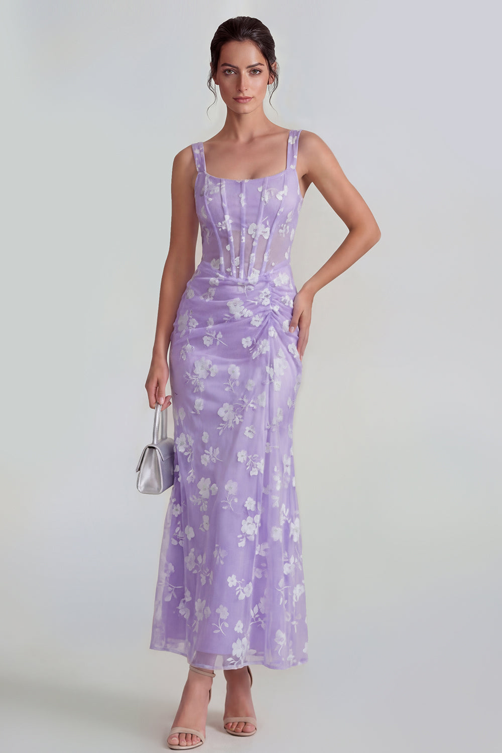 Apricot Corset Mermaid Ruched Thick Straps Maxi Wedding Guest Dress