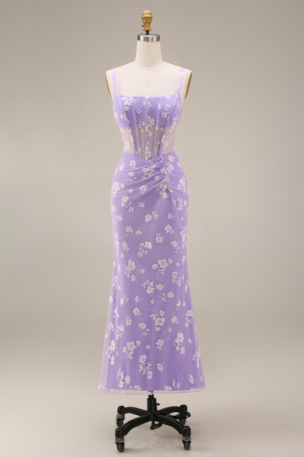 Apricot Corset Mermaid Ruched Thick Straps Maxi Wedding Guest Dress