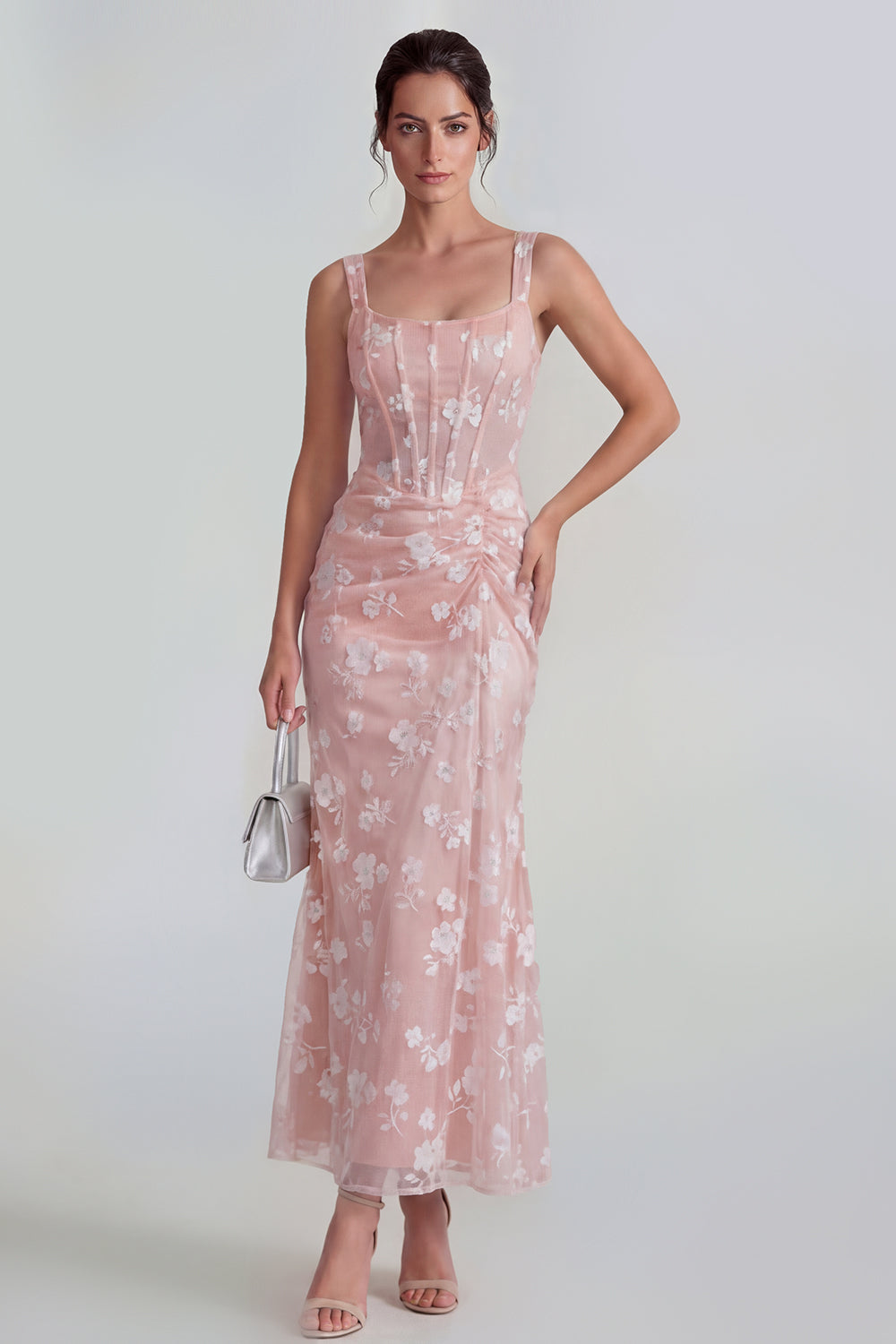 Apricot Corset Mermaid Ruched Thick Straps Maxi Wedding Guest Dress