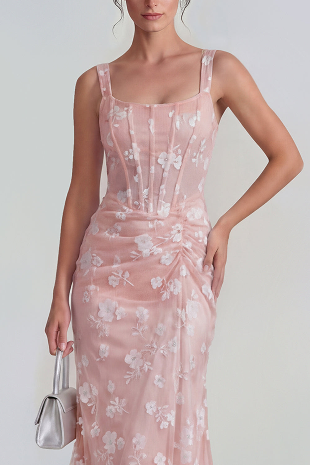 Apricot Corset Mermaid Ruched Thick Straps Maxi Wedding Guest Dress