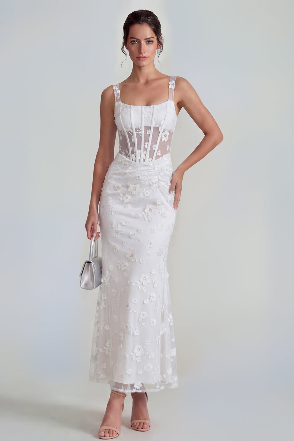 Apricot Corset Mermaid Ruched Thick Straps Maxi Wedding Guest Dress