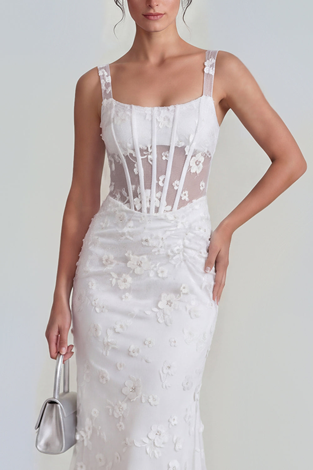 Apricot Corset Mermaid Ruched Thick Straps Maxi Wedding Guest Dress