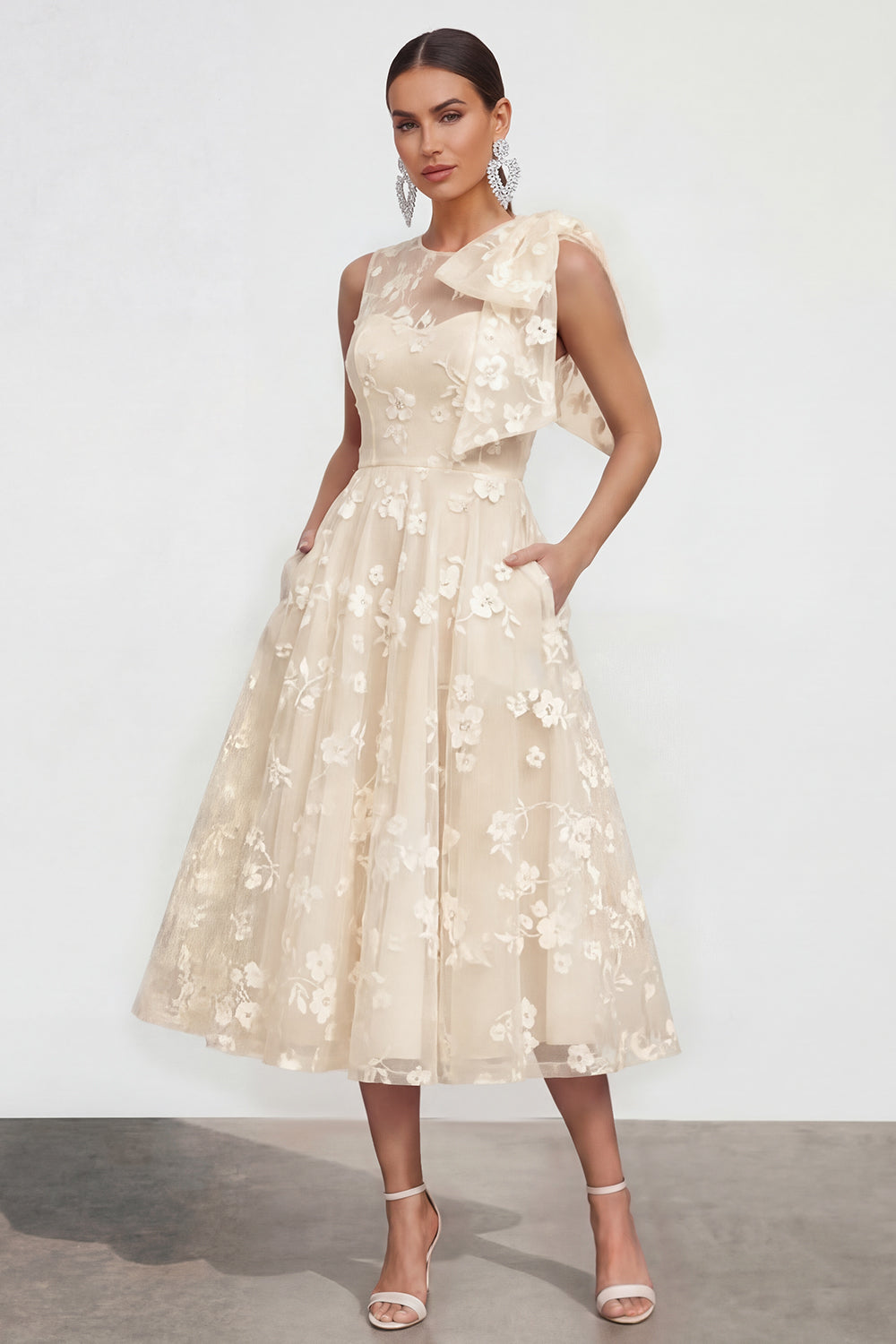 Lilac A Line Round Neck Maxi Wedding Guest Dress with Pockets
