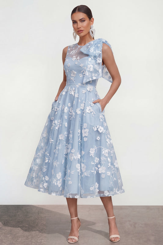 Blue A Line Round Neck Maxi Wedding Guest Dress with Pockets