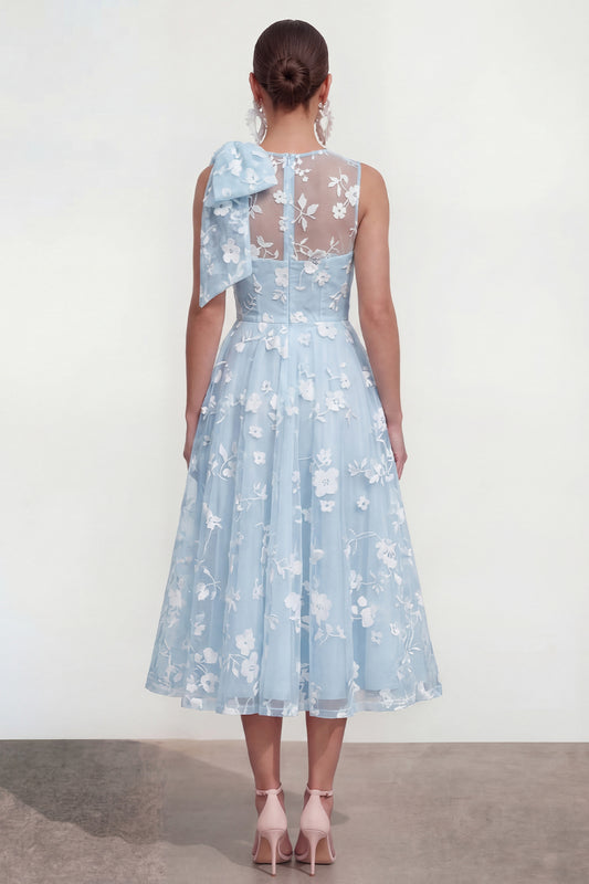 Blue A Line Round Neck Maxi Wedding Guest Dress with Pockets