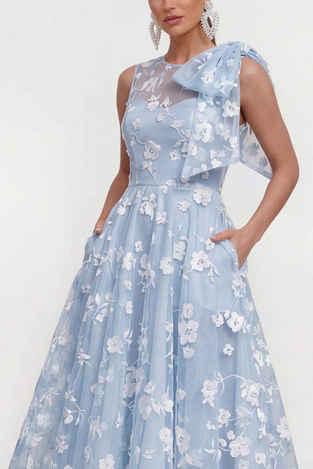 Lilac A Line Round Neck Maxi Wedding Guest Dress with Pockets